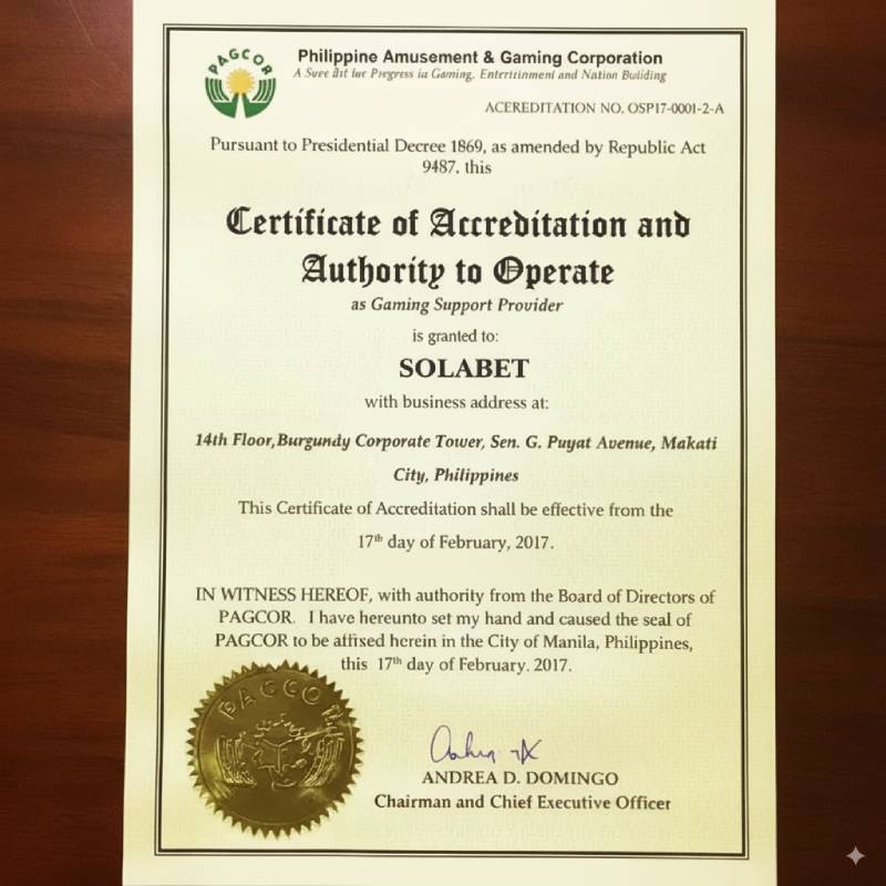 Giấy phép hoạt động của Solarbet được cấp bởi tổ chức PAGCOR